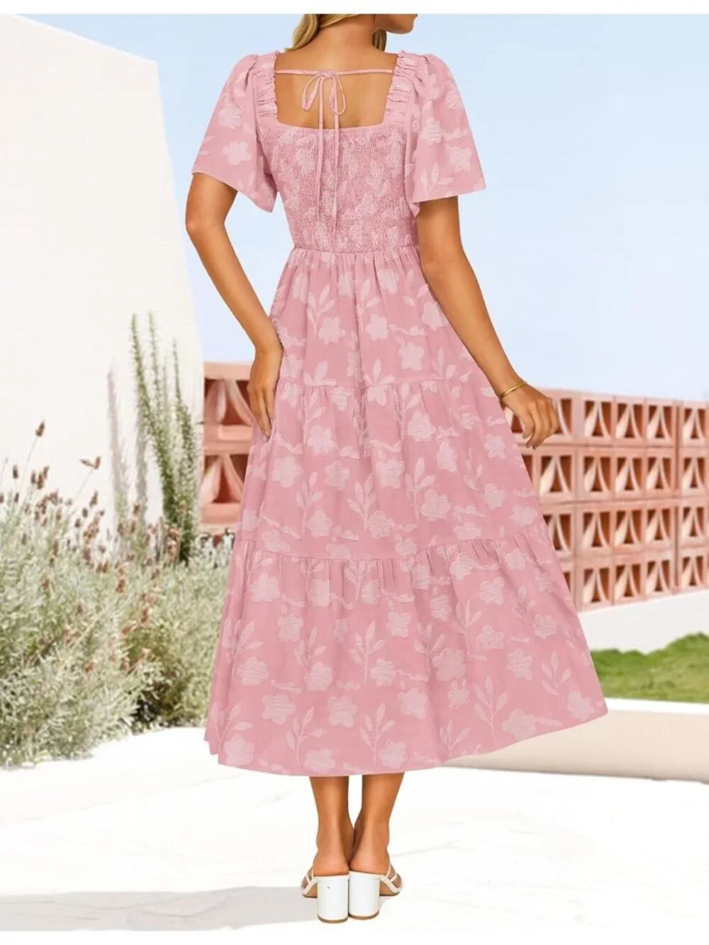 Women‘s Summer Boho Floral Midi Dress Pink Short Sleeve Square Neck Flowy Beach